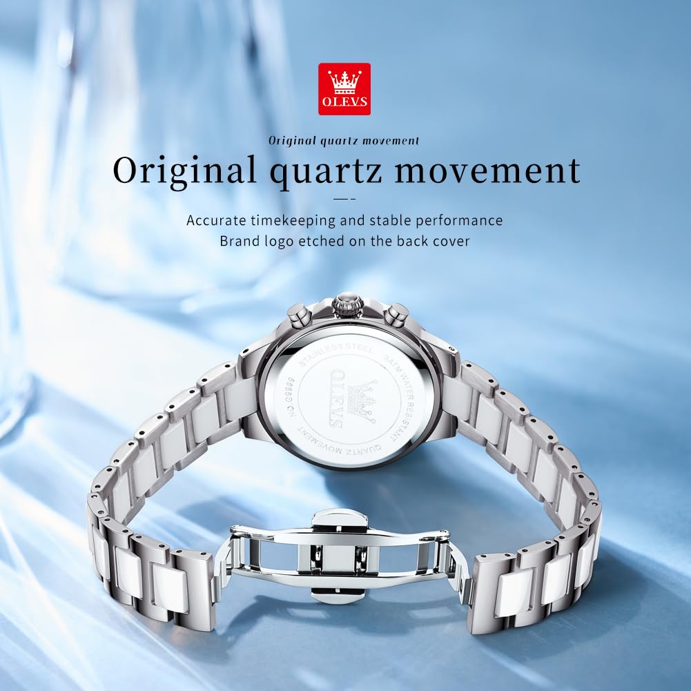 Orologio da donna in ceramica di lusso, con cronografo con cristalli scintillanti, orologio analogico al quarzo con 6 lancette con data, lancette luminose, impermeabile, elegante orologio da polso da