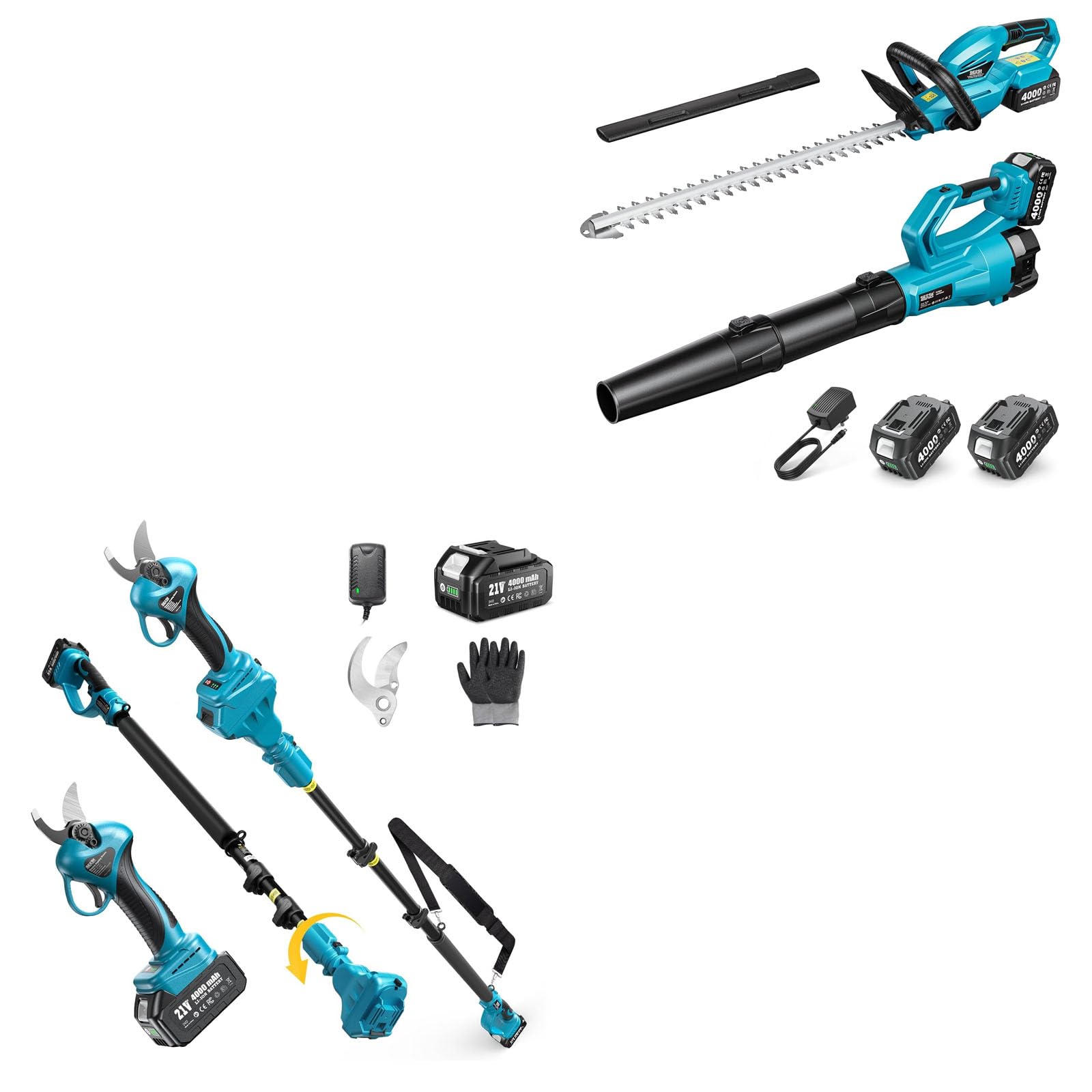 SEESII Cordless Hedge Trimmer and Leaf Blower Combo+Seesii 2-in-1 Electric Pruning Shears with Pole, 15Ft Reach