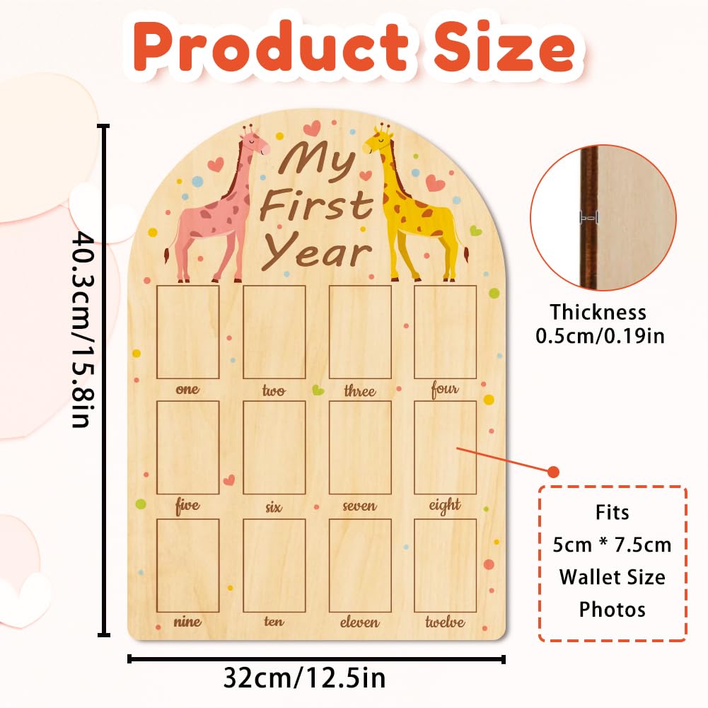 ORIGACH My First Year Baby Growth Photo Display Wood Board - 12 Months Newborn Milestones Photo Board - Neutral Baby Keepsake Frame 1st Birthday Party Nursery Decor New Mom Gift - Giraffe