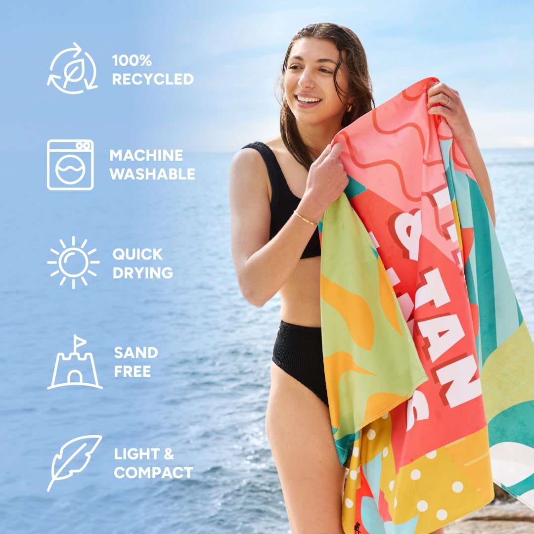 Dock & Bay Beach Towel - Quick Dry, Sand Free - Compact, Lightweight - 100% Recycled - Includes Bag - Good Times & Tan Lines - Large (160x90cm, 63x35)