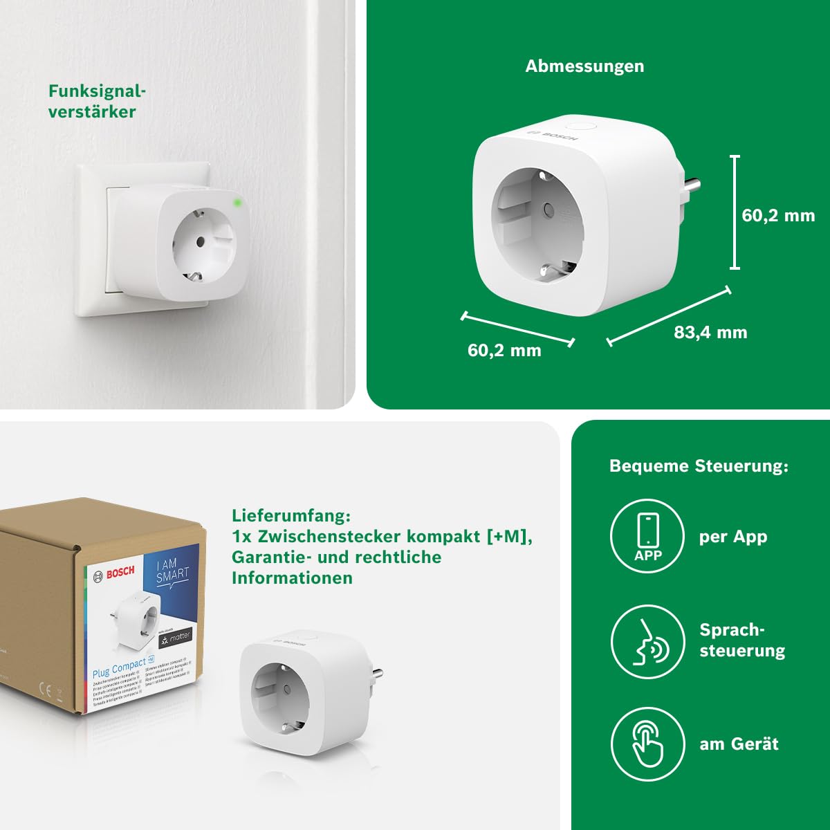 Bosch Smart Home Zwischenstecker kompakt [+M], smarte Steckdose mit Matter, Stromverbrauch messen & Energiekosten senken, App- & Sprachsteuerung, Apple Home, Google Home & Alexa kompatibel