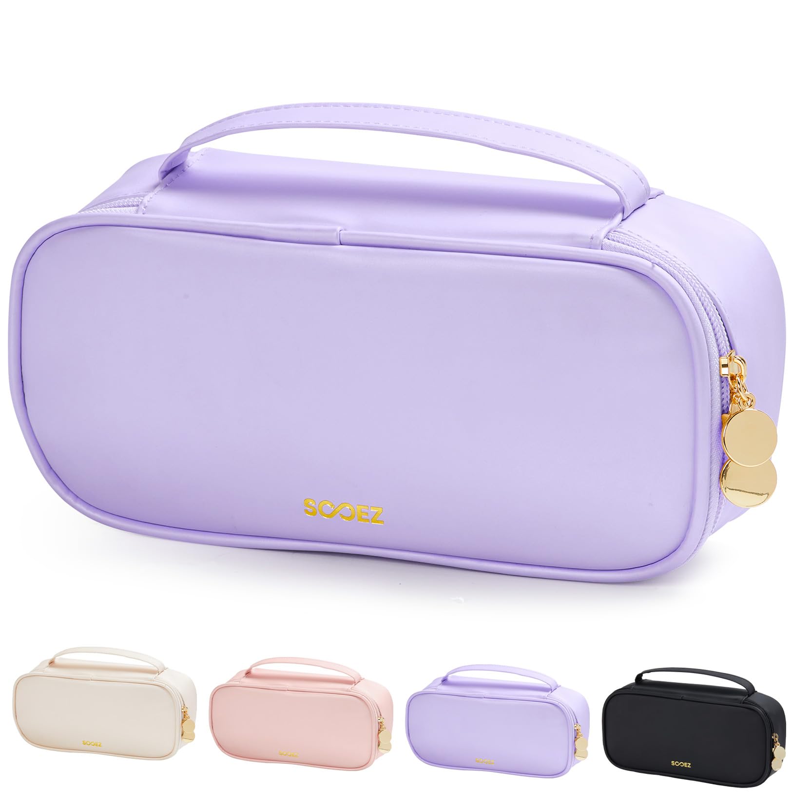 Sooez PU Pencil Case, High Capacity Pencil Bag, Aesthetic Pen Pouch with zipper, 3 Compartment Pen Bag Wide Opening, Portable Stationery Storage and Organizer, School Supplies for Teen, Purple