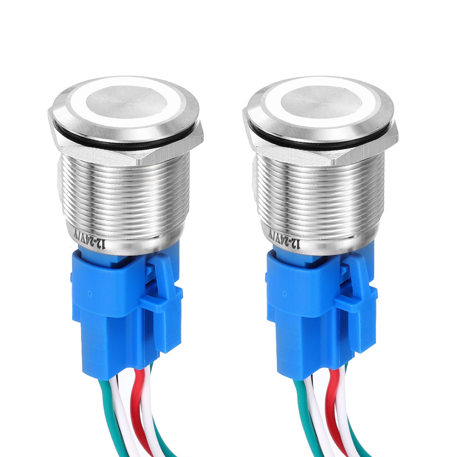 DMiotech 2 Pcs 3/4" Stainless steel Momentary Push Button Switch 5Pin 1NO1NC 5A 12-24V Silver Flat Button White Ring Lamp with Socket Plug with Wire for Car Boat Systems