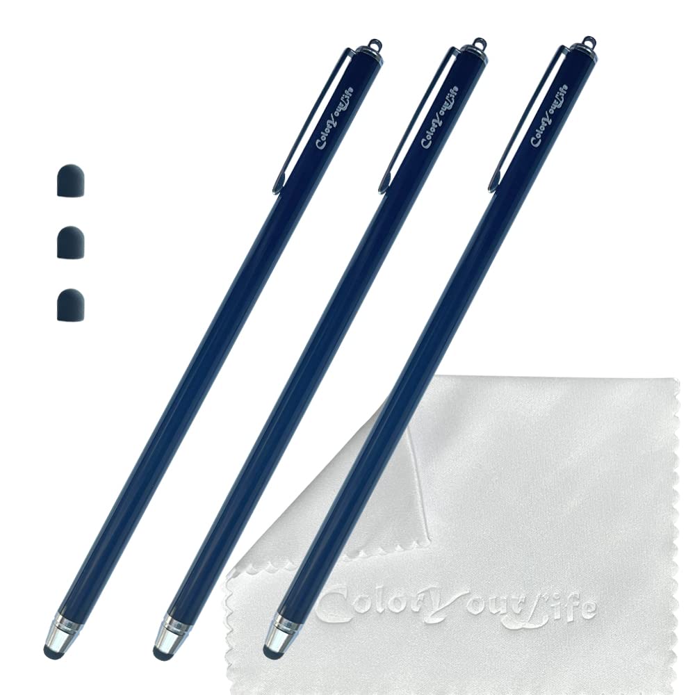 ColorYourLife Bundle of 3-Pack 7.3" Extra Long Thin Tip High Precision Universal Capacitive Stylus Pens for Touch Screens and Microfiber Cloth (Black)