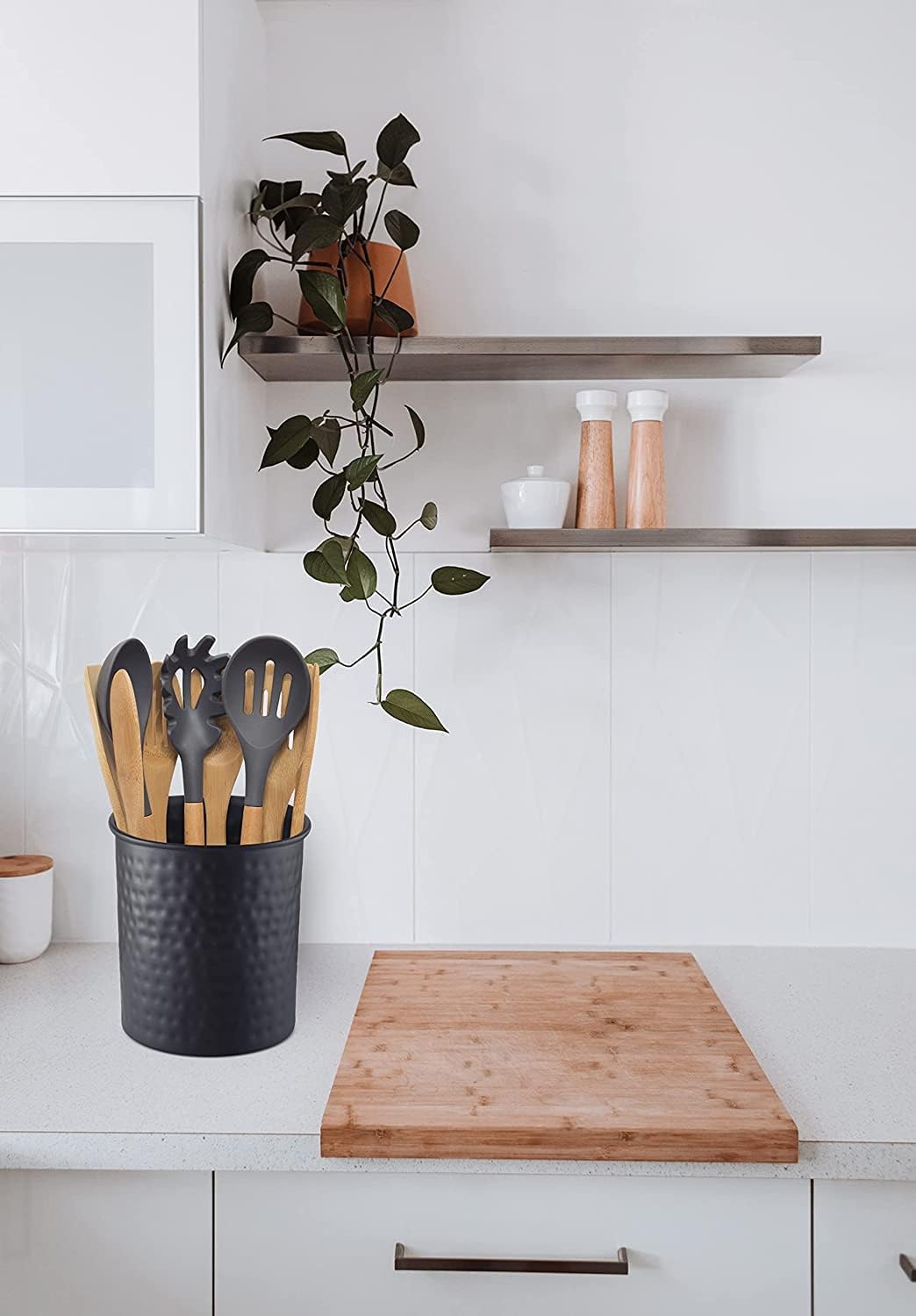 Monarch Abode Kitchen Utensil Holder – Hand Hammered Metal Black Utensil Holder, Decorative Utensil Crock for Kitchen Counter, Cooking Tool and Spatula Holder for Countertop, Caddy Organizer
