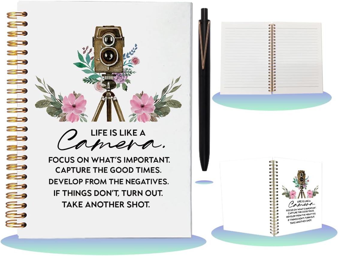 Life is Like a Camera Motivational Notebook with Pen Set, A5 Spiral Inspirational Journal for Women, 160 Pages College Ruled Photography Diary, Unique Photographer Gifts