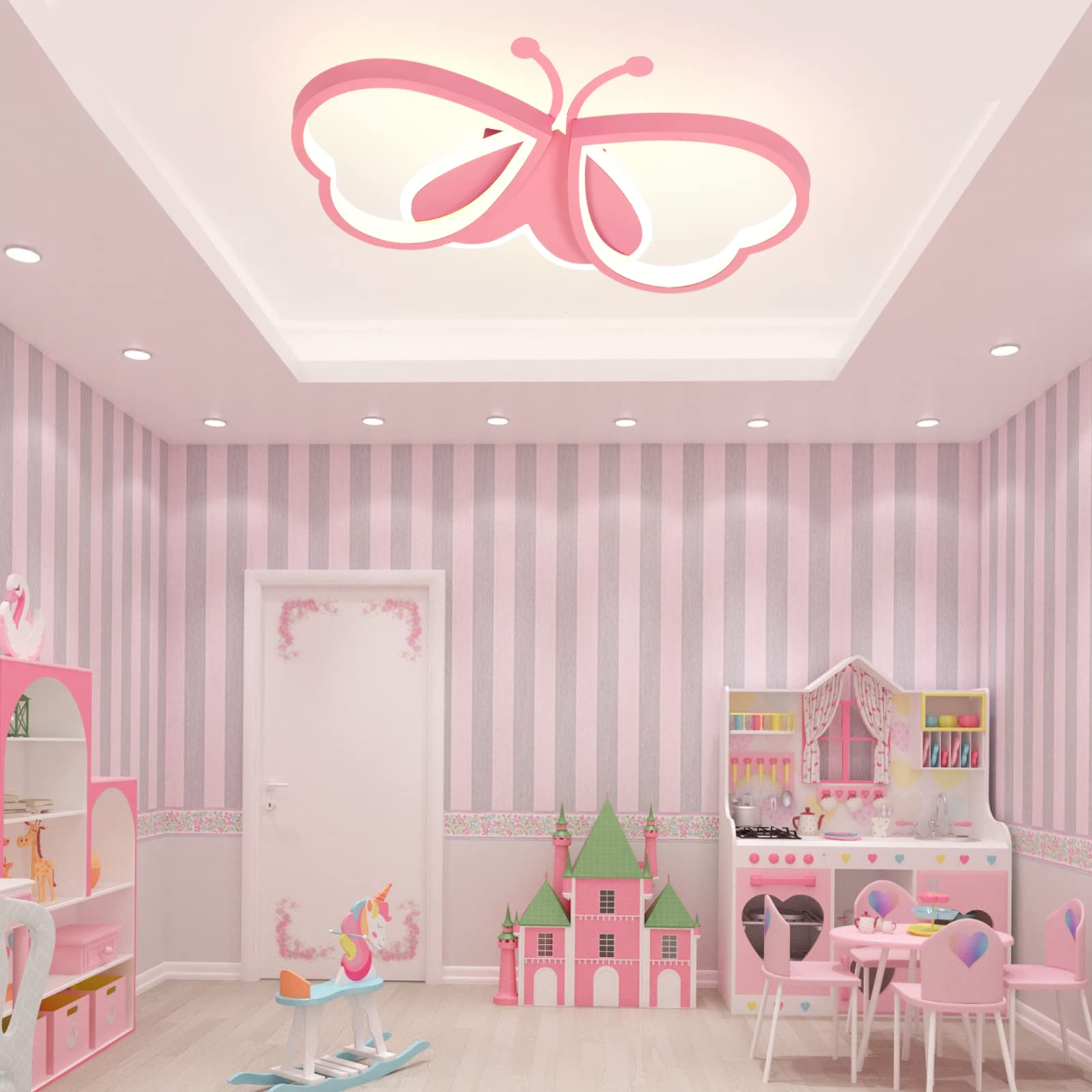 Lámpara de Techo LED Regulable para Niños - Diseño de Mariposa Creativa para Habitación y Dormitorio de Niña - Rosa 52cm