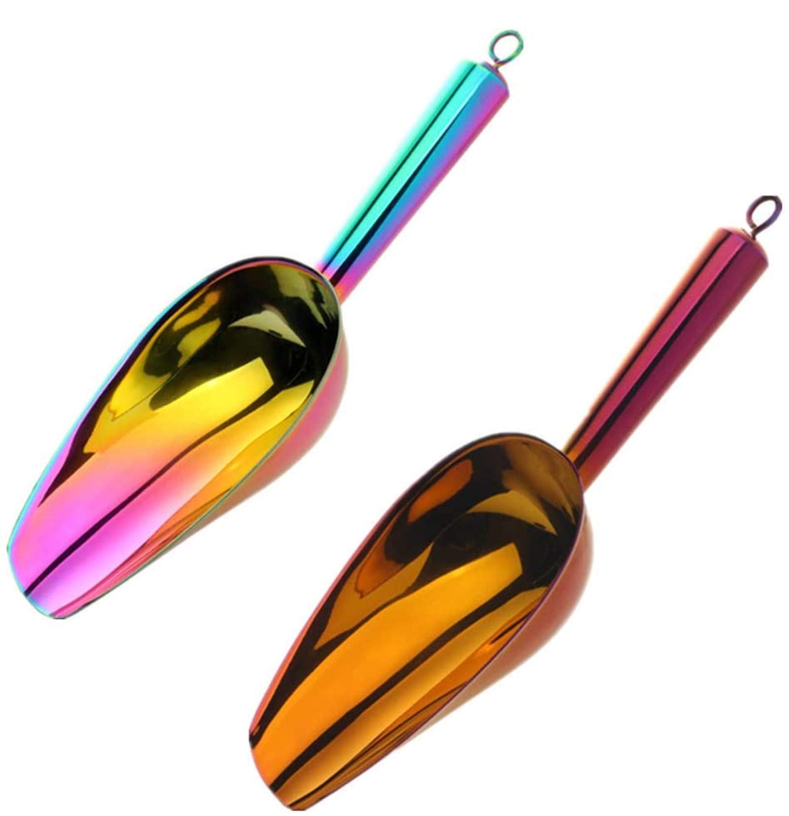 QOBIMOON Stainless Steel Ice Scoop,2 Pack Ice Cube Scoop-8 OZ,Round Bottom, Multifunctional Dry Bin Food ¨CCandy, Ice Bucket, Popcorn,Coffee Bean Utility Scooper for Bar,Freezer,Ice Maker(Red+Rainbow)