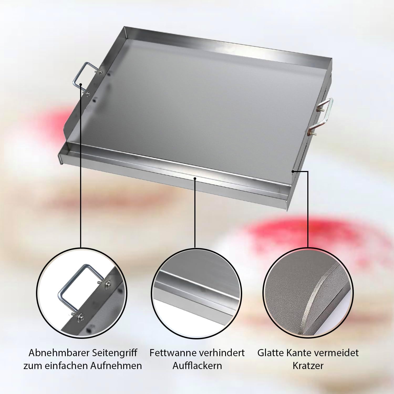 Edelstahl Grillplatte | 47x32x7 cm | Universal BBQ Plancha aus dickem 2mm & rostfreiem Edelstahl passend für Weber Gasgrill und Holzkohlegrill | Grillplatte mit Grill-Spachtel Schaber set