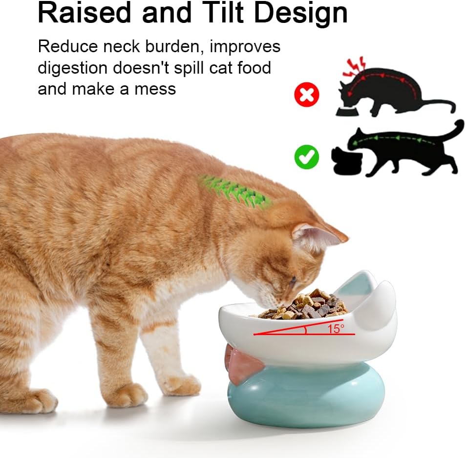 Ceramic Elevated Cat Bowl, Blue Anti Vomiting & Spine Protect, Tilted for Flat Faced Cats & Kittens