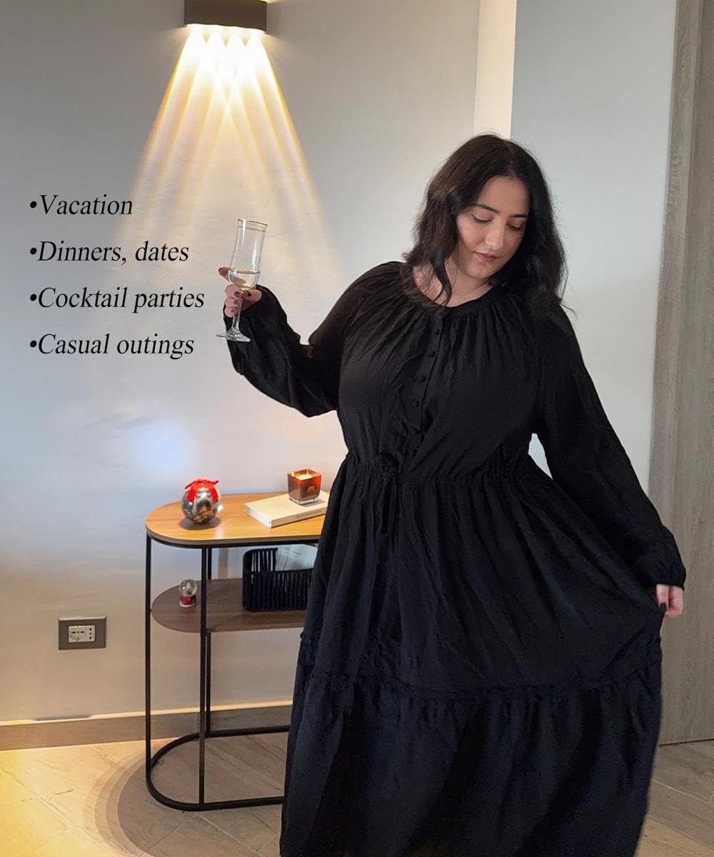 TIYOMI Women's Plus Size Fall Maxi Dresses 2025 Casual V Neck Button Drawstring Long Sleeve A Line Floral Boho Dress Pockets - Image 5