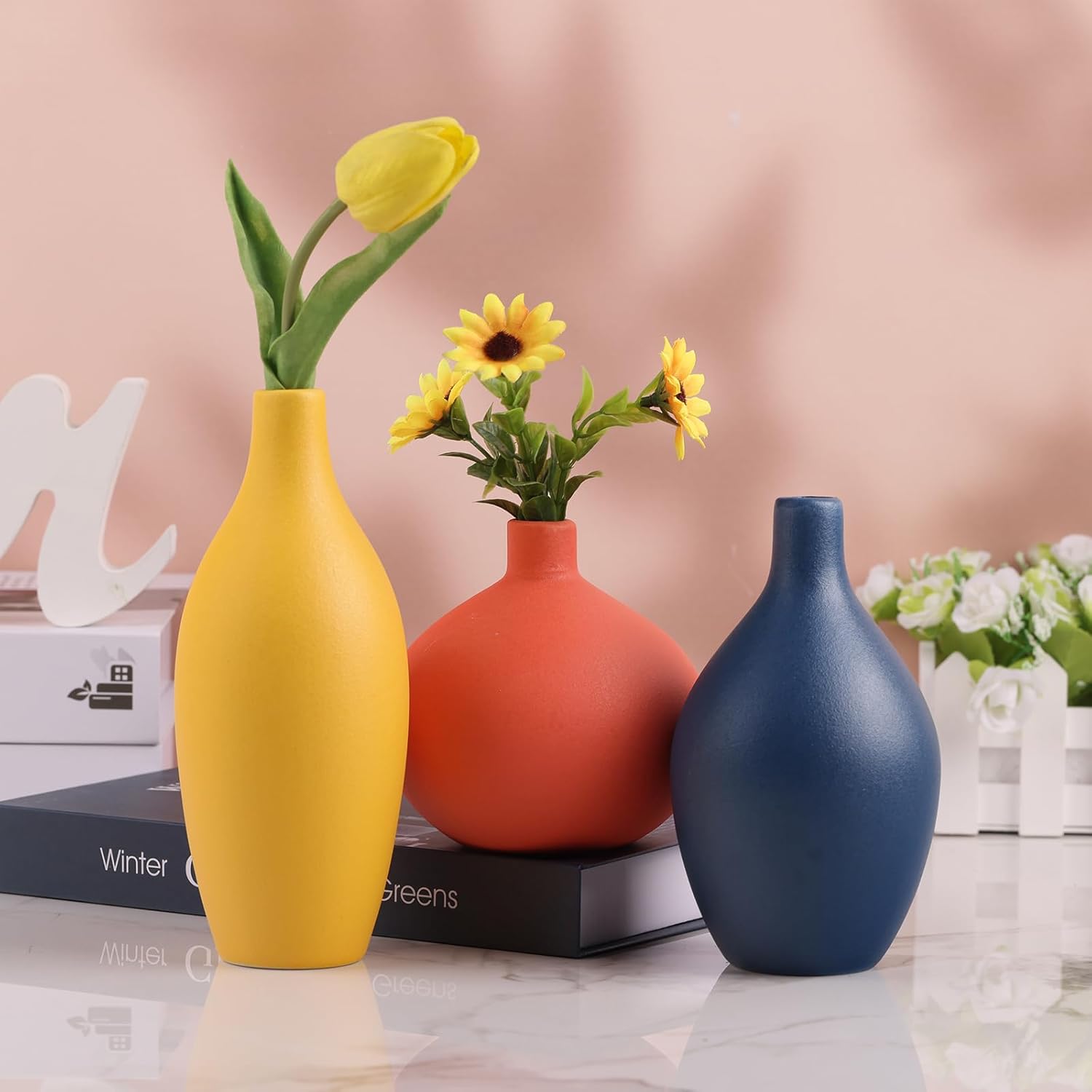 Ceramic Vase Set of 3, Minimalist Yellow, Orange, Blue Vases - Modern Farmhouse, Living Room, Shelf and Entryway Decor - Image 4