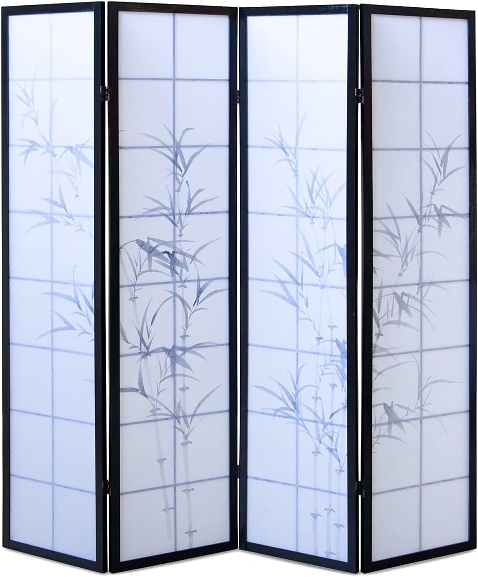 PEGANE Paravent Japonais en Bois Noir Dessin Bambou de 4 pans
