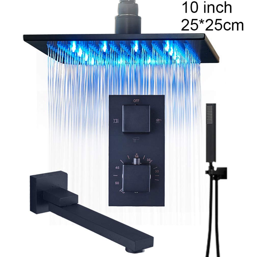 Sistema de ducha, grifo de ducha de baño oculto, termostático LED, juego de grifos de baño de latón superior con boquilla giratoria, juego de ducha de lujo de bronce frotado con aceite, 10 pulgadas