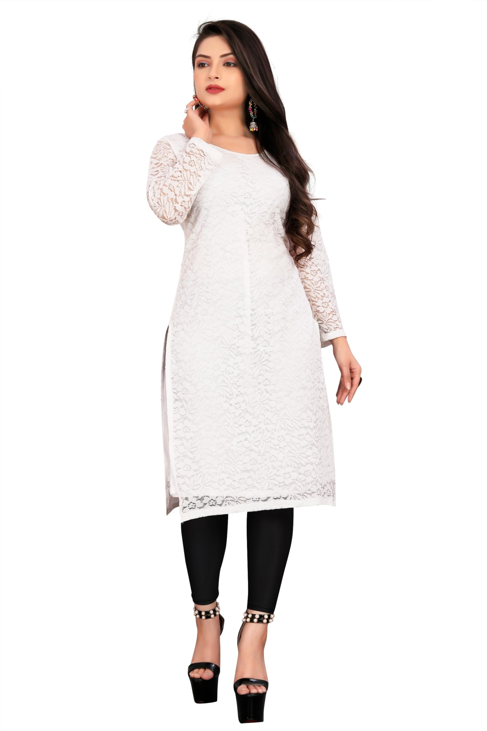 for Women Full Sleeve Net Round Neck A-Line Stiched Kurti for Casual Wear-image-38