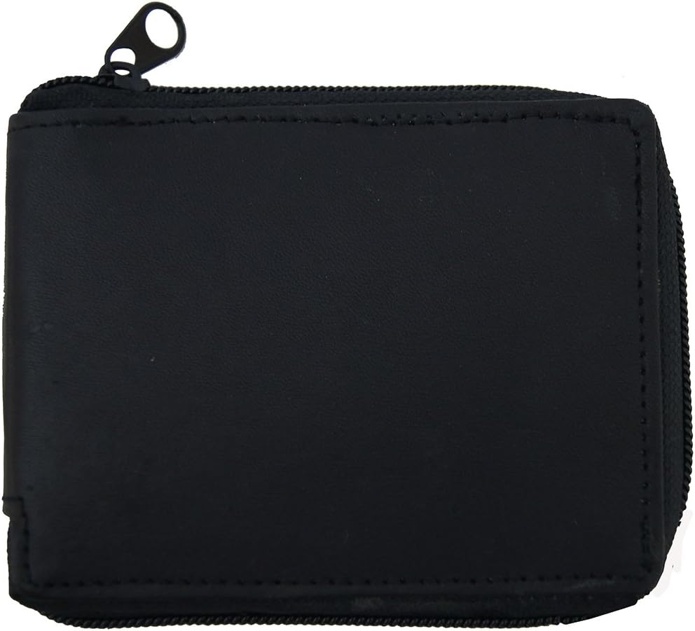 Leather Mens Wallet Bifold Black Zip Around credit card Fixed Flipup Window ID FREE Organza Gift Ba