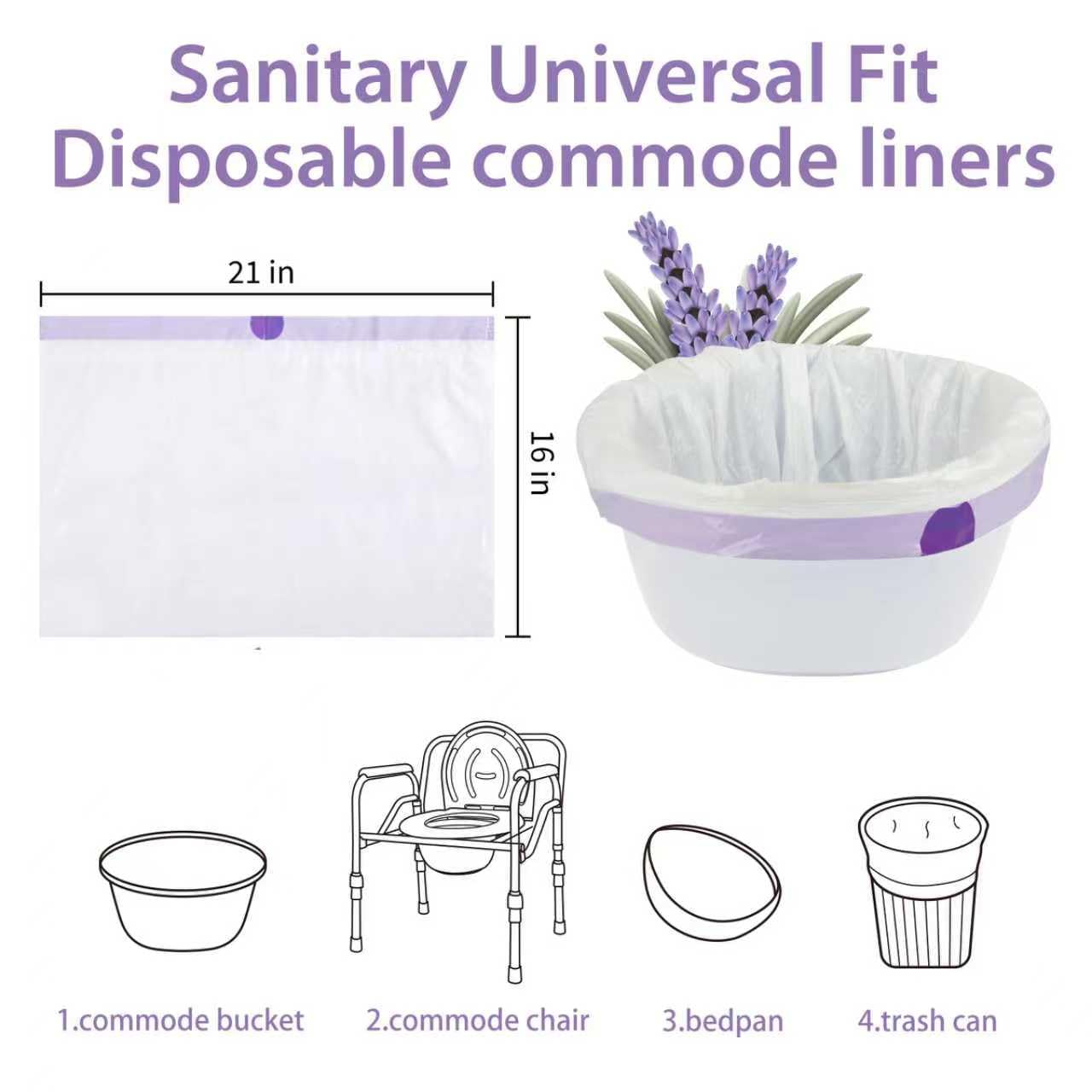 Fodere per comodino, WC portatile, vasino, padella, 120 pezzi profumati alla lavanda, usa e getta, sacchetti per WC portatili, adatti alla maggior parte dei secchi standard per WC