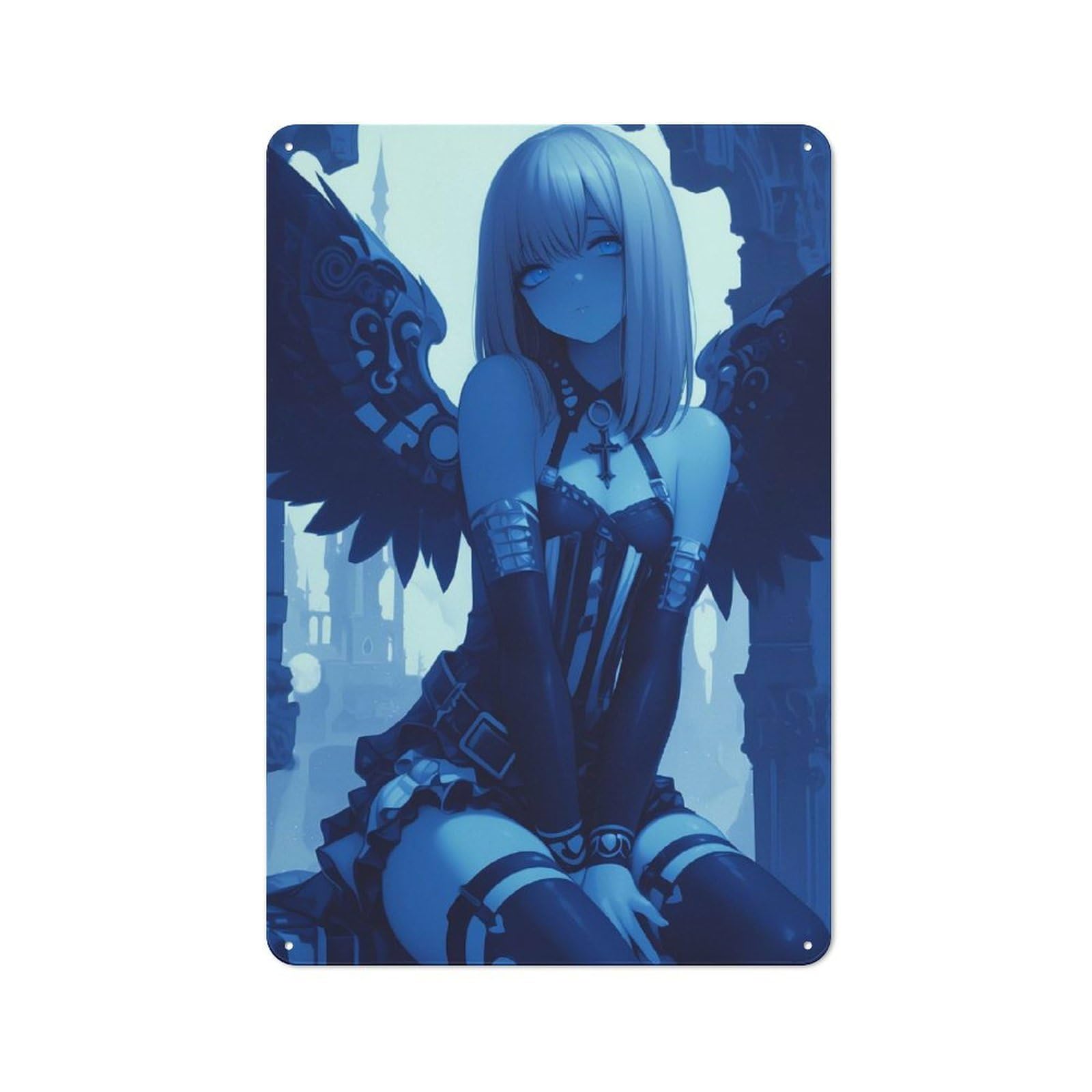 Junmoney Girls Style-22 Tin Wall Plaque 30X20cm With Blue Angel With Wings Anime For Studio Or Craft Room, Suited To Craft Room Decorators