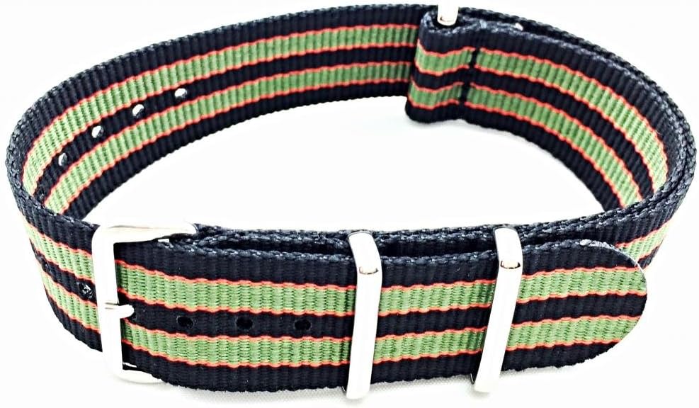 NewLife 22mm Black/Red-Orange/Green Watchband | Vintage Old Style Watch Strap Nylon Fabric Replacement Watchstrap that brings to Any Watch (For Men and Women)