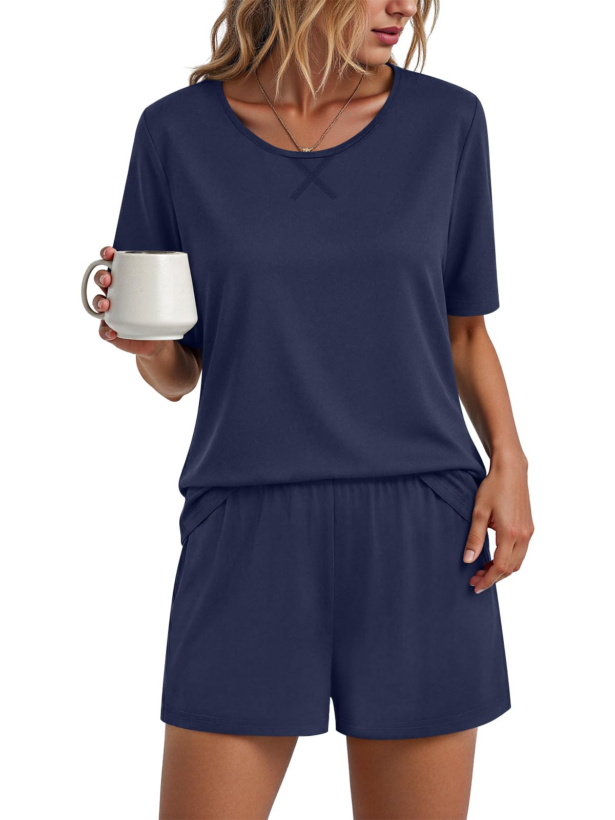 Findsweet Pajama Set for Women 2 Piece Lounge Set Soft Sleepwear Summer Casual Short Pjs Sets with Pockets M-3XL