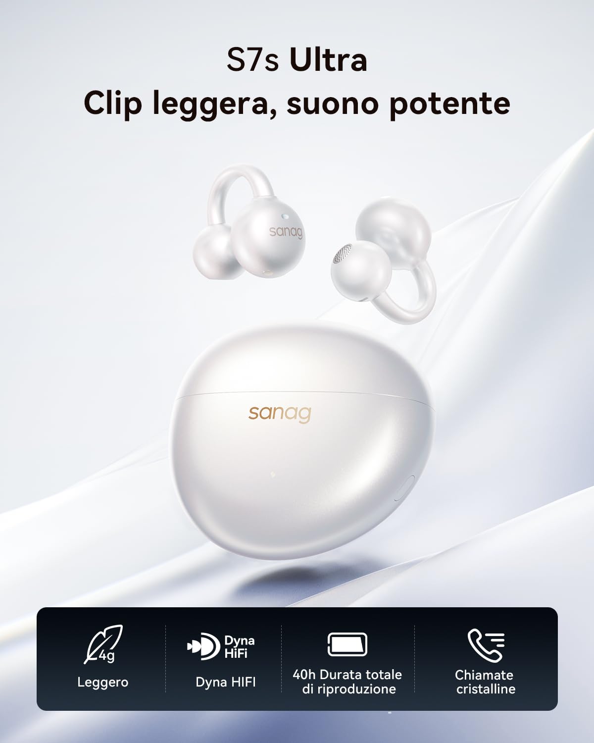 SANAG Cuffie Open Ear Bluetooth 6.0, Auricolari Clip-on Senza Fili con Audio Dyna HiFi, Anti-Perdita di Suono, AI ENC, IP67 Impermeabile, Batteria 40H, Controllo App per Sport Corsa