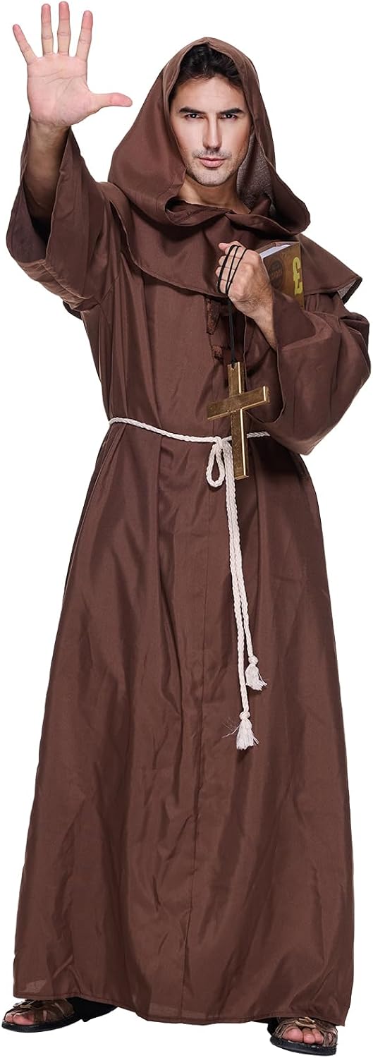 EraSpooky Adult Men Friar Medieval Hooded Robe Monk Renaissance Priest Costume