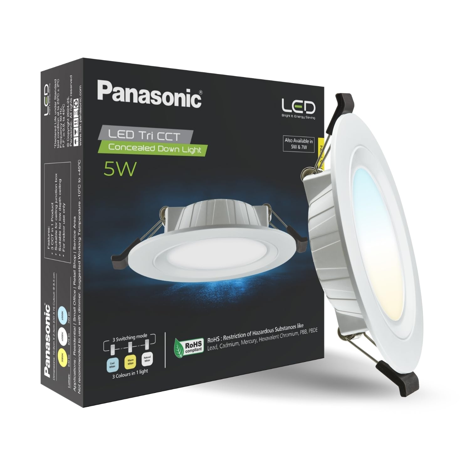Panasonic 5 Watt 3 in 1 Color Concealed Downlighter, Round Tri CCT