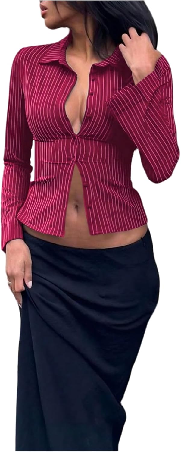 Floerns Women's Striped Button Up Shirts Long Sleeve Collared Dressy Casual Blouse Top