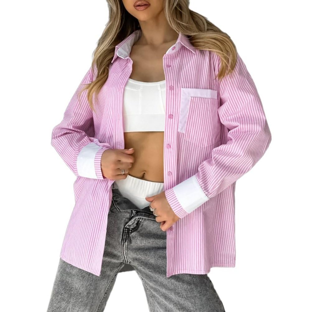 Damska bluzka w paski na co dzień Patchwork Button Down Lapel Modne koszule dla chłopaków