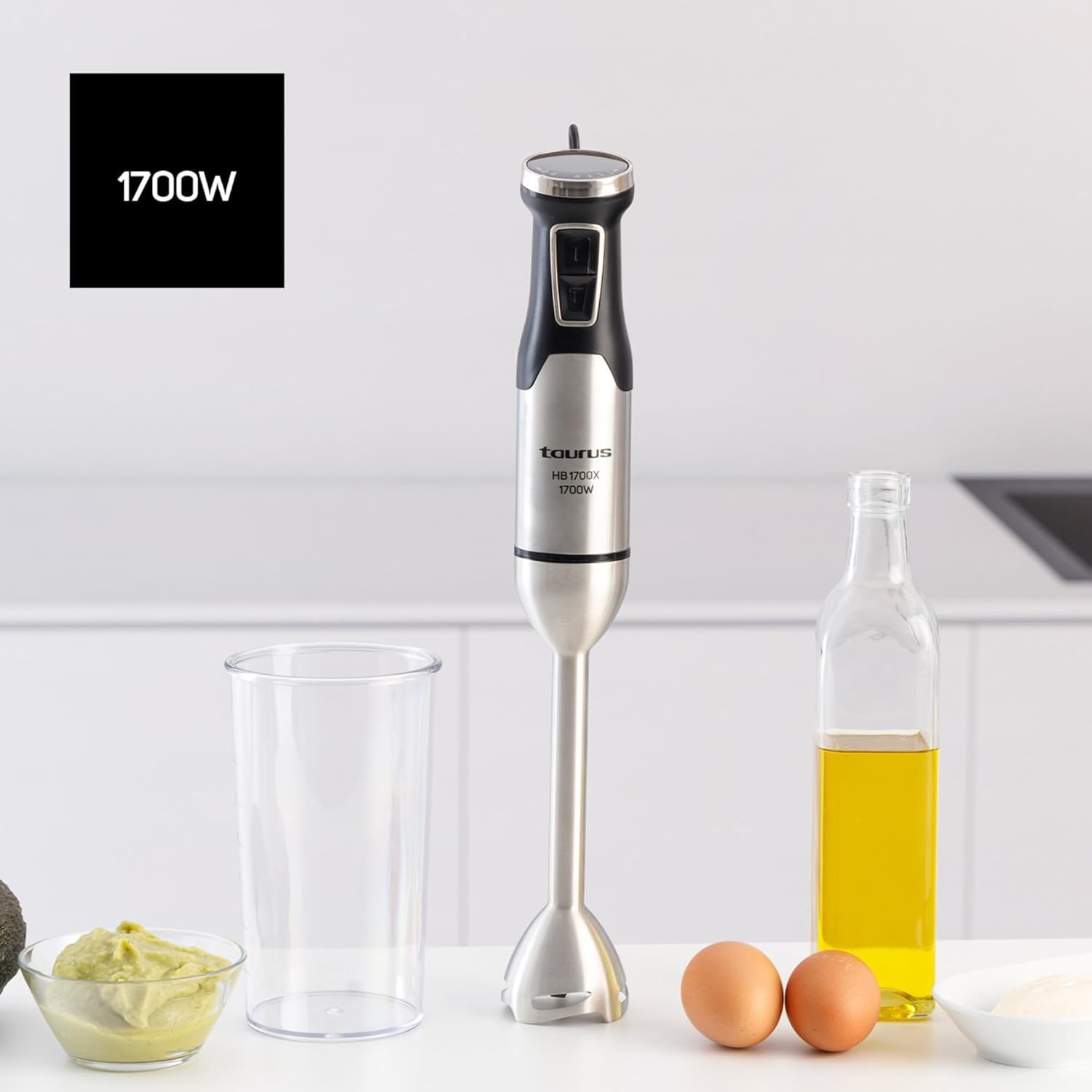 Taurus - Batidora de Mano HB1700X | 1700W de Potencia | 4 filos de Acero Inoxidable | Regulador de Velocidad | Incluye Vaso medidor de 1L | Ergonomica