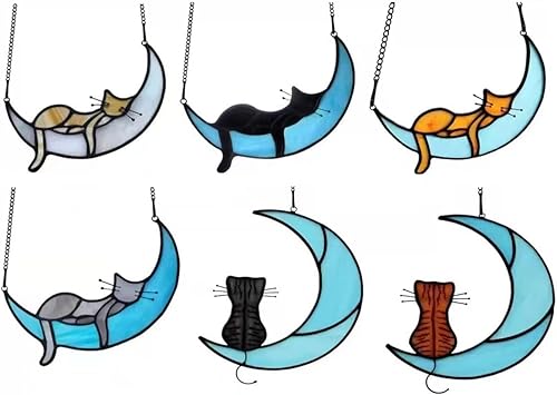 Miniatura 2 de Adorno colgante de vitral de gato, paneles de atrapa sol de cristal, gato en luna, gatito hecho a mano, adorno colgante para ventana, hogar, jardín