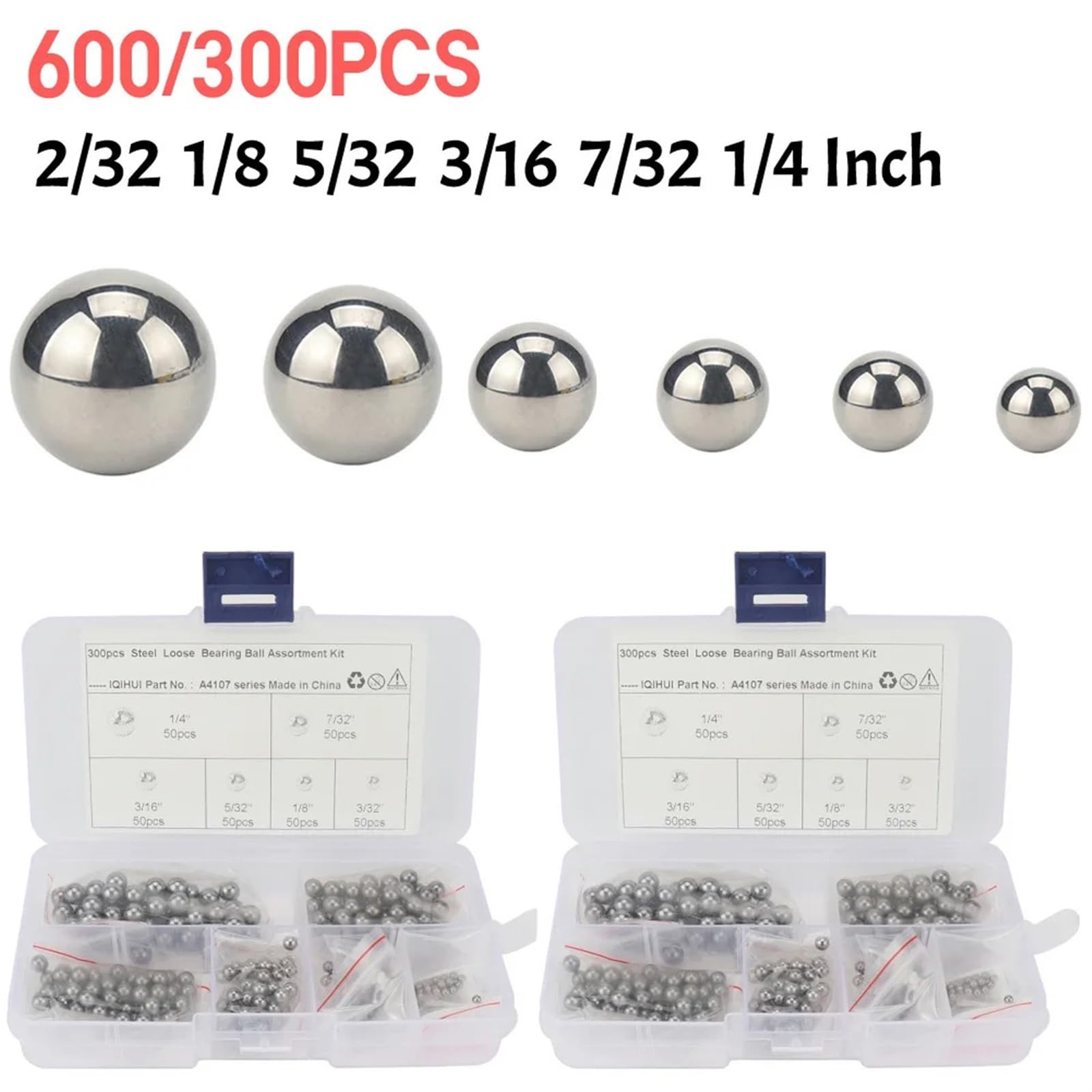 Rodamientos de bolas de acero al carbono, 300x Bolas de rodamiento de acero de precisión surtidas 2/32 1/8 5/32 3/16 7/32 1/4 Grado 25 Bolas de rodamiento de alta precisión Bolas lisas