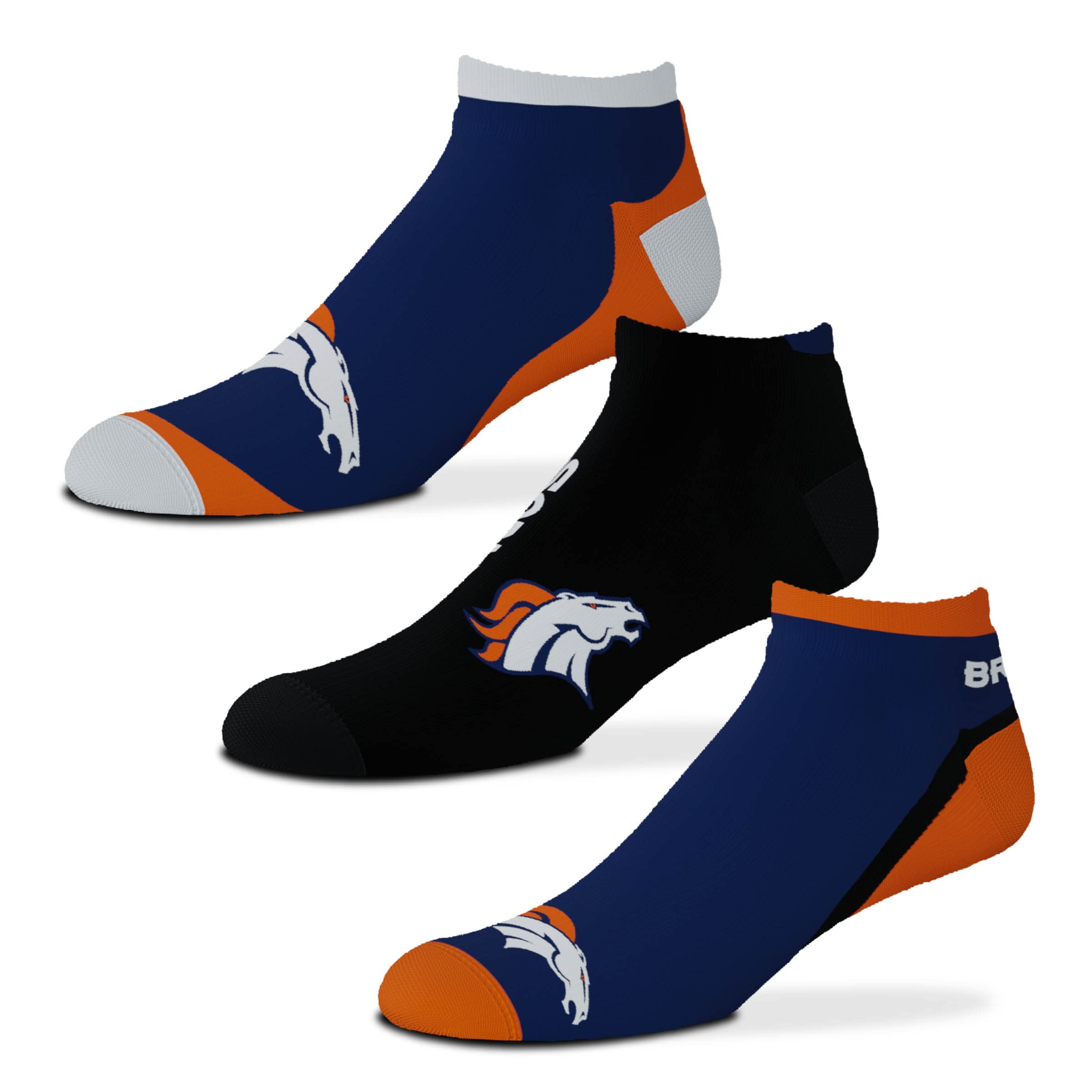 FBF - NFL Flash No Show Ankle Socks For Men And Women - 3 Pack, Denver Broncos, Large