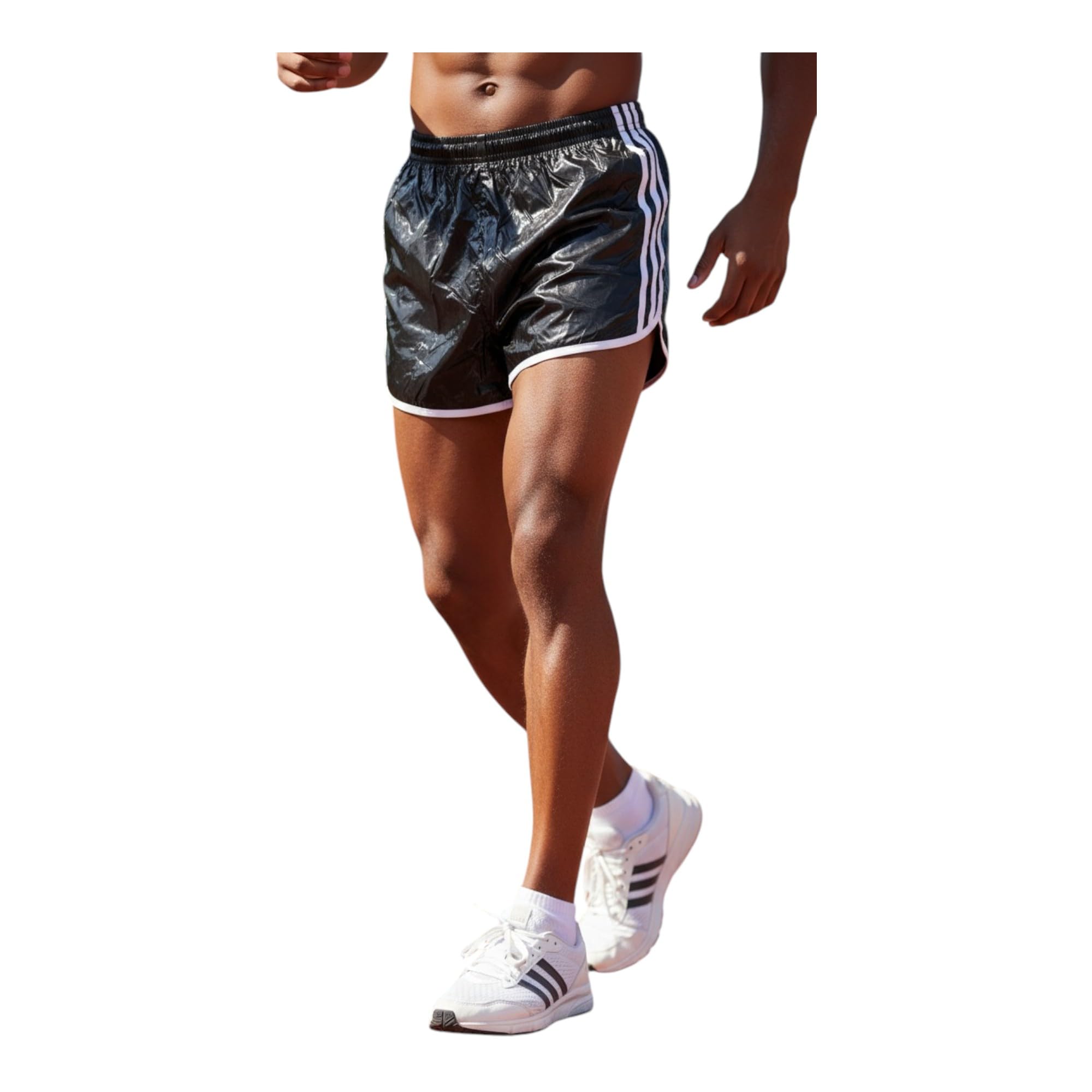 Satin Fitness Herren Glanz Nylon Sport Shorts Cal Surf Wetlook Shiny Nylon Glanzshort Brillant Fussball Boxershorts Schwarz mit Streifen
