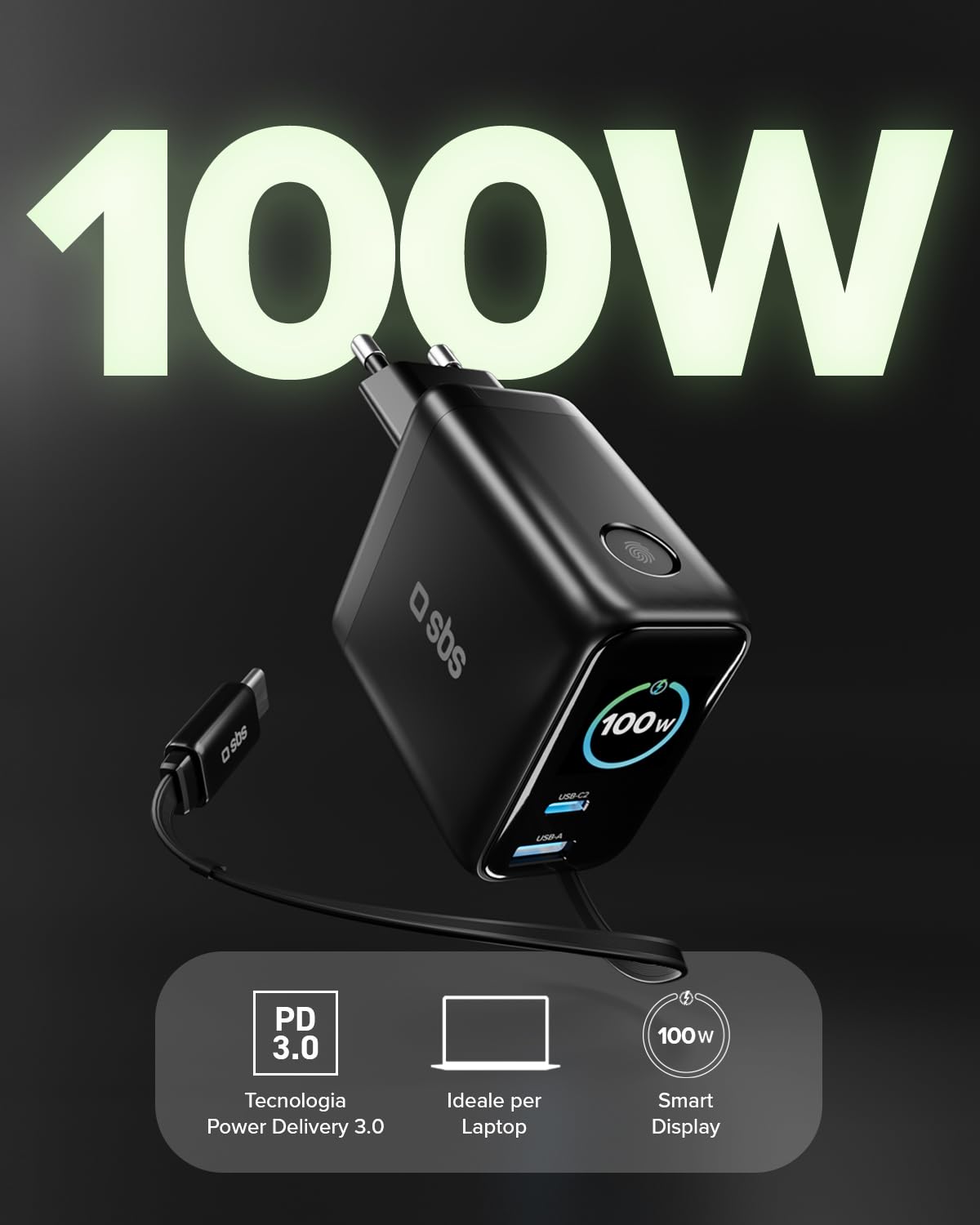 SBS Pulse Power 100W USB-C, Tecnologia GaN, Power Delivery (PD 3.0 PPS) | Smart Display AI, Cavo USB-C Retrattie, Alimentatore con Ricarica Rapida, Caricatore per Notebook, Tablet, iPhone, Android