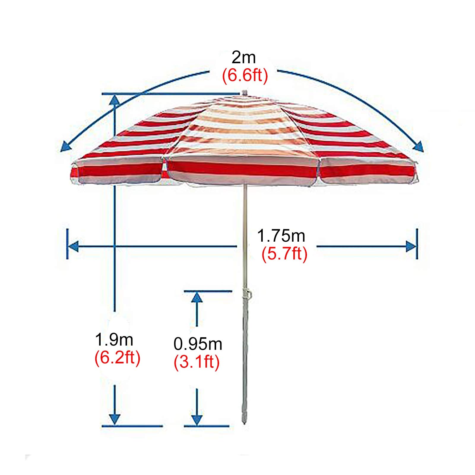 XJBTBA Parasol ogrodowy Parasol Parasol Mały parasol plażowy w paski (2 m / 6,5 stopy) z kotwicą piaskową, przenośny wodoodporny parasol ogrodowy na zewnątrz Patio, okrągły parasol przeciwsłoneczny na