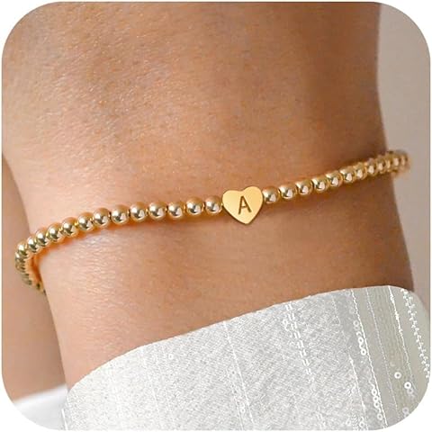 Heart Initial Bracelets for Women Girls - 14K Gold Plated Letter Initial Bracelet B...
