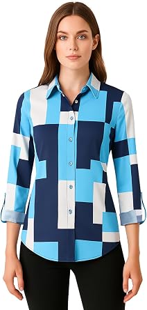 Womens Multicolor Long Sleeve Button Down Shirt, Blouse for Women Casual, 80S 90S Vintage Clothes Ladies Tops