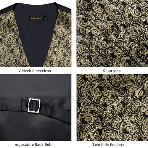 Image of DiBanGu Mens Paisley Suit Waistcoat,Silk Dress Vest and Bowtie Pocket Square Cufflinks with Lapel Pin Set for Wedding Tuxedo
