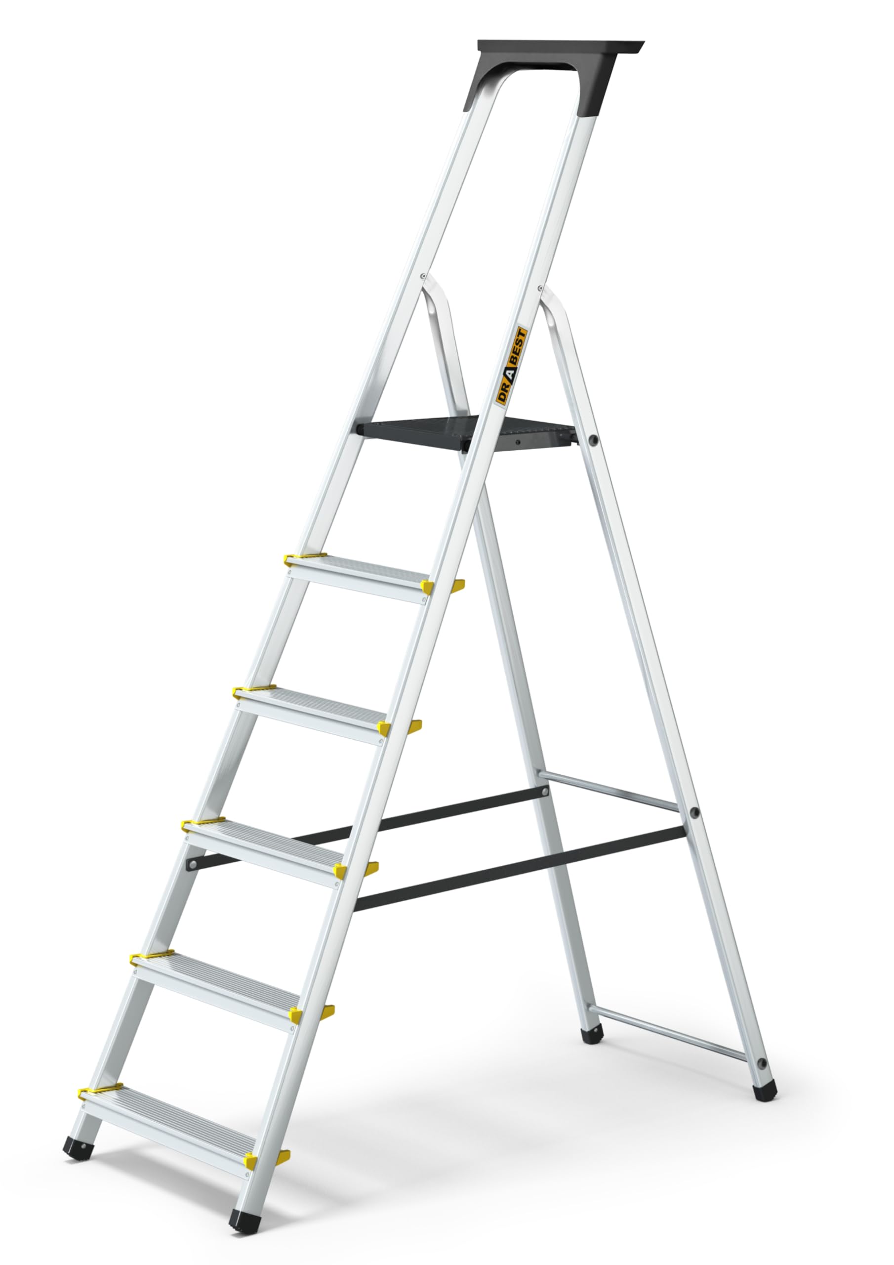 DRABEST Scaletta Domestica a 6 Gradini 150kg - Scaletta in Alluminio con Piedini Antiscivolo e Piattaforma per Scale da Lavoro - Fornita con Ripiano per Attrezzi - 48x191x12cm