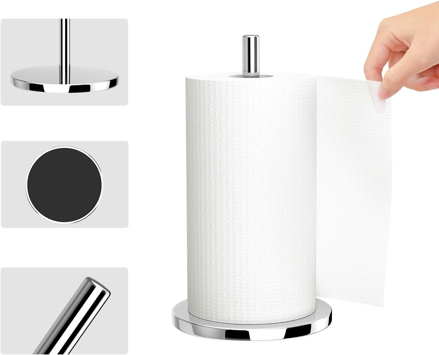 Paper Towel Stand Holder, Kitchen Tissue Roll Holder with Weighted Base, Countertop Standing Paper Towel Dispenser for Home Dinning Table, Hotel Napkin Rack, Fits Standard & Jumbo Rolls, Sliver