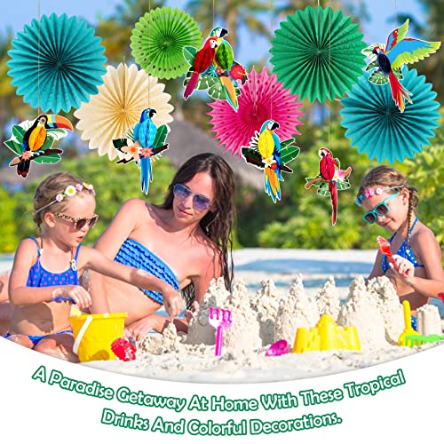 Image of Paper Jazz Tropical Parrot Party Decorations Hawaii Luau Hanging Paper Fans | Green Teal Color, Jungle /Tiki /Hawaii Birthday Decoration Includes 12Pcs Fans & Poms For Beach Summer Party, Luau Theme Party