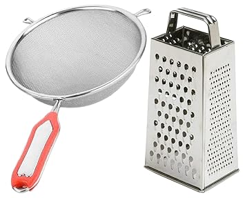 5 in 1 Grater and Slicer with 4 Sides for Cheese, Vegetables, Ginger, Garlic (Silver) & Kuber Industries Soup & Juice Strainer (15 cm Diameter) Set of 1 Pcs (JST14), Silver