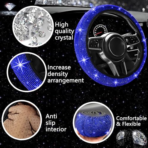 Image of NBTEPEM 27 PCs Blue Bling Car Accessories Set for Women, Steering Wheel Covers Universal Fit 15 Inch, Bling License Plate Frame, Bling Phone Holder, Bling Car Coasters (Blue Diamond)