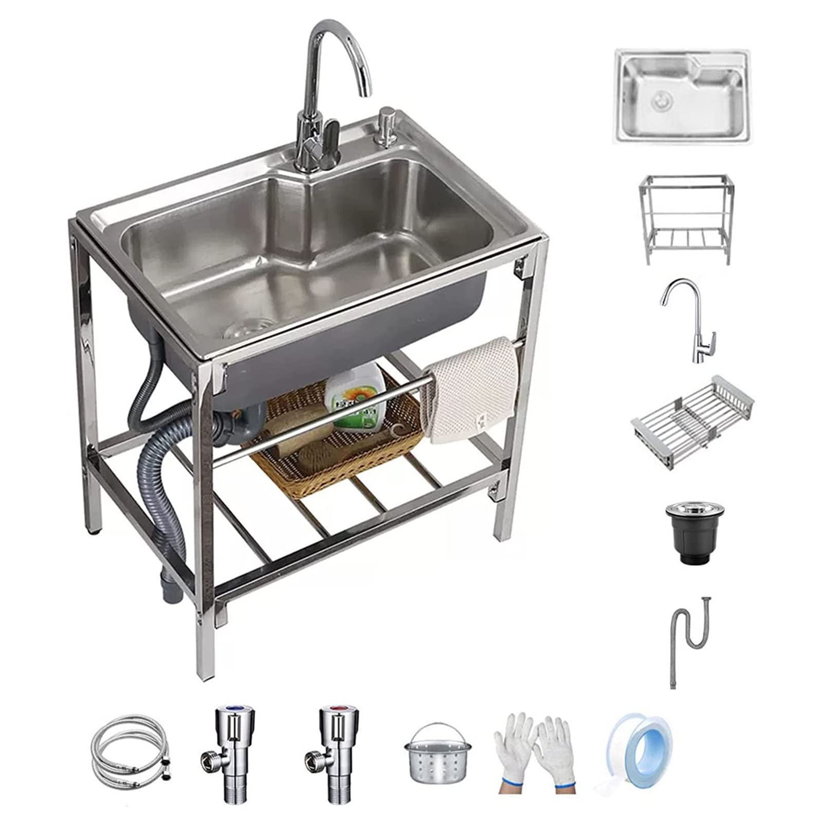 ZQFHSX Outdoor Utility Sinks for Garage Laundry Kitchen Bathroom Restaurant Free Standing Catering Commercial Sink 304 Stainless Steel Single Bowl Basin Prep Workstation with Tap Hot and Cold