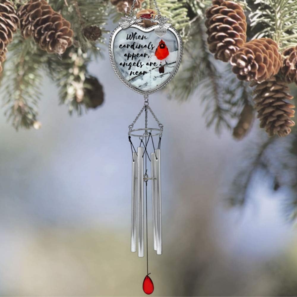 Grandma Memorial Wind Chimes - When Cardinals Appear Angels are Near - Silver Engraved Grandma Heart Charm - Windchimes for The Loss of a Grandmother - 18" L