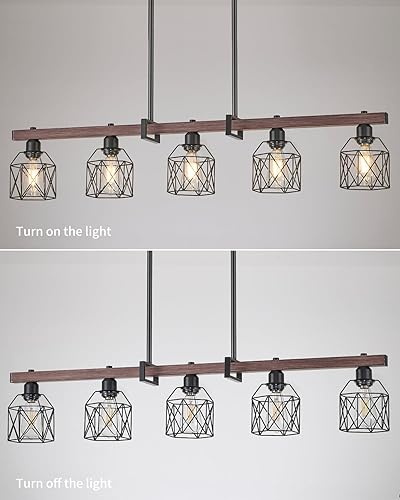 Miniatura 2 de Iluminación industrial de isla de cocina de 5 luces con barra de grano de madera y jaula de metal negro, lámpara de techo colgante rústica para