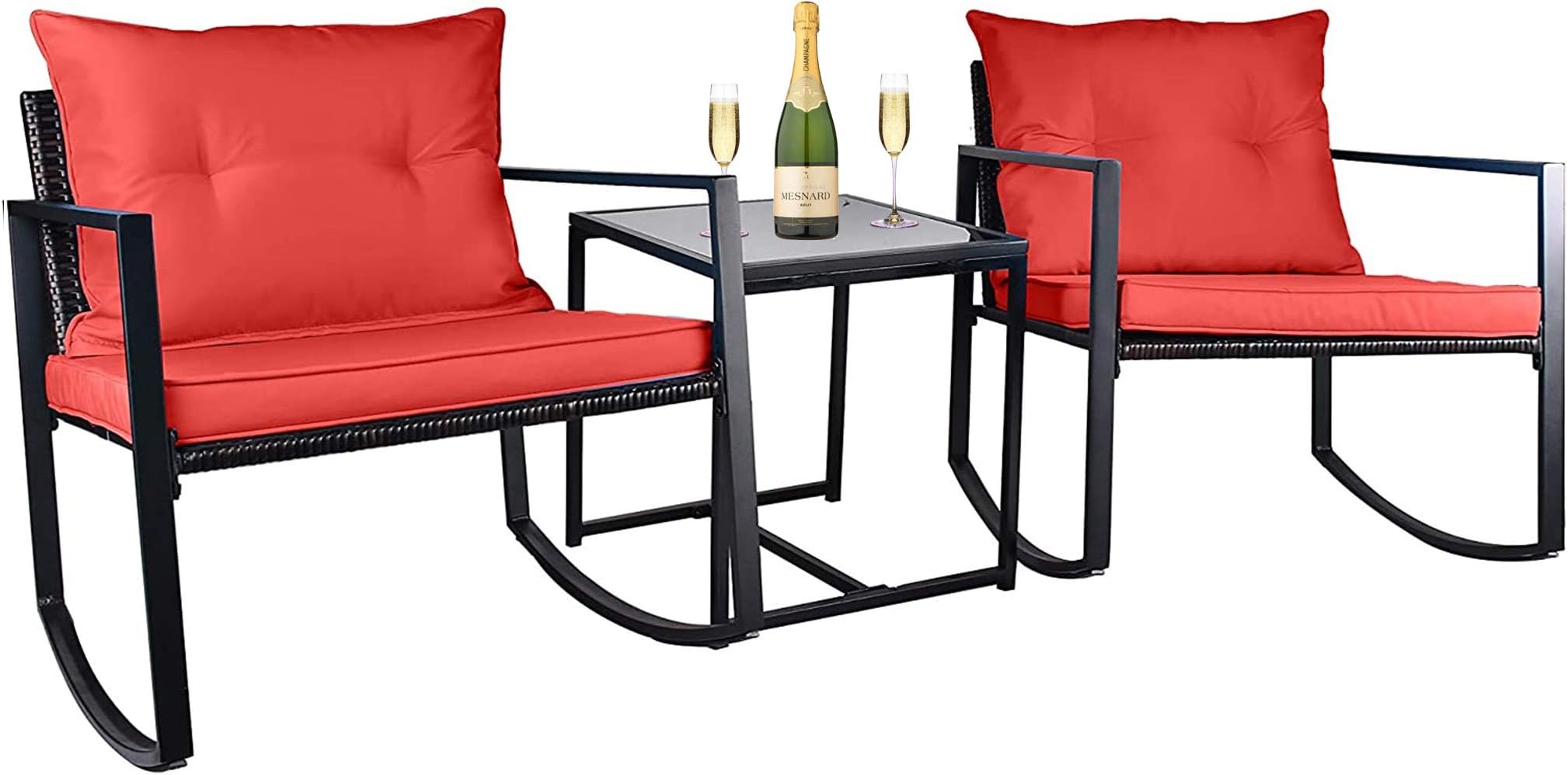 Grepatio 3 Piece Rocking Bistro Set, Modern Wicker Patio Furniture Sets, Outdoor Rattan Chair Conversation Sets with Coffee Table for Yard and Bistro (A: Black, Red - Rocking1)