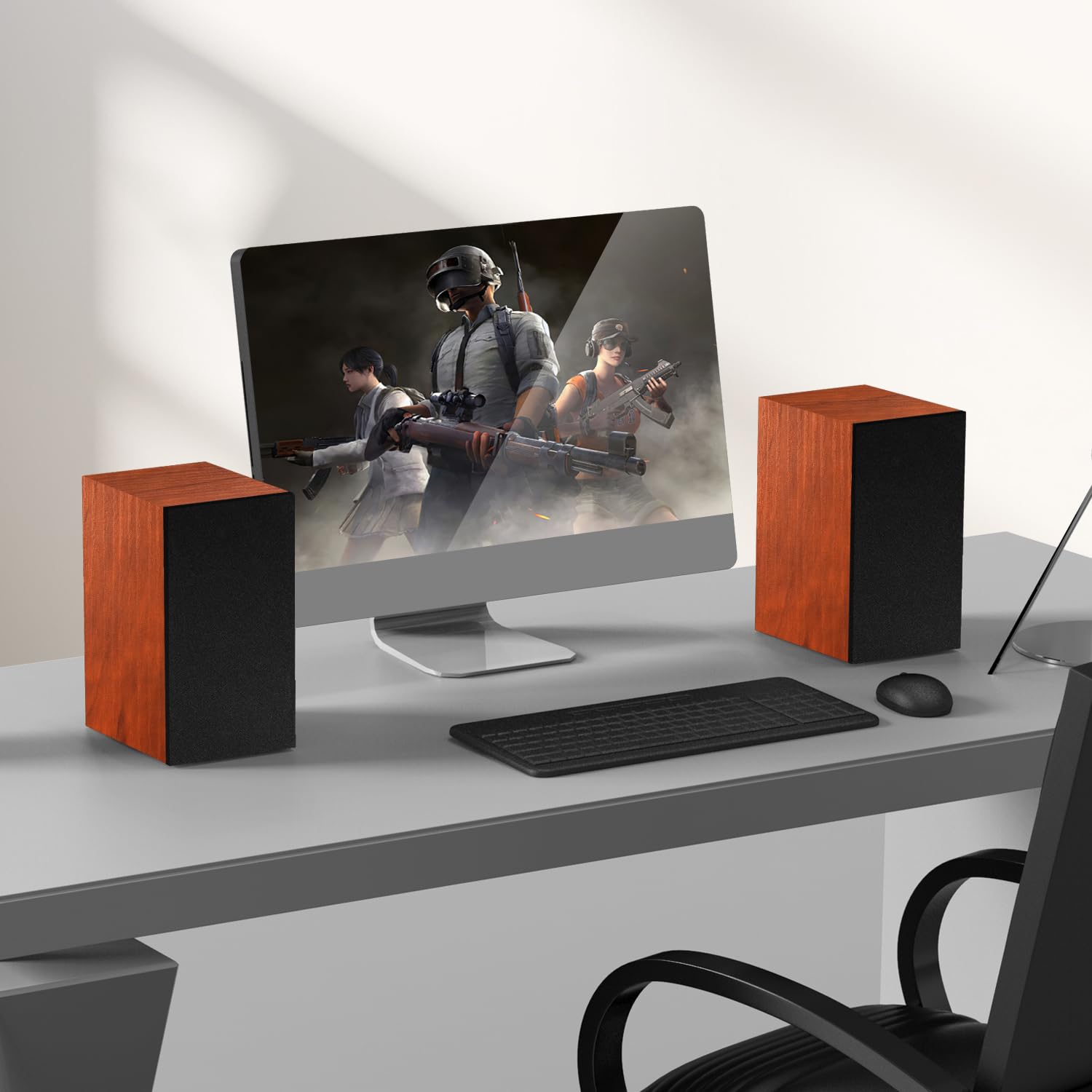 Elimavi Altoparlante attivo per scaffale, altoparlante per computer con woofer da 4", 3,5 mm a RCA Aux, per giradischi, struttura in legno, può essere montato a parete, Woodgrain