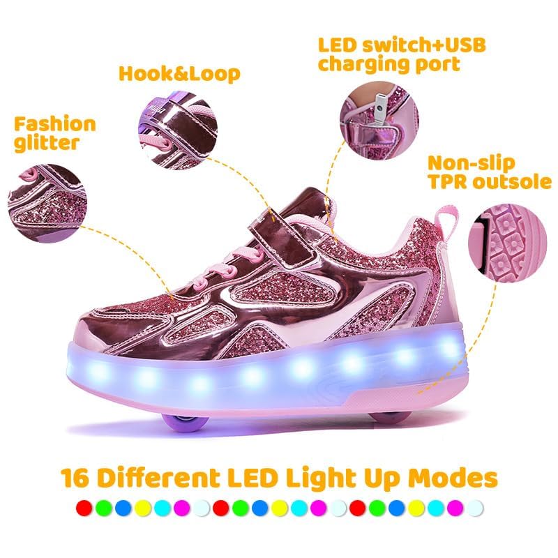 Wooowyet LED Roller Skate Shoes for Kids Boys Girls Light Up Fashion Sneakers Wheels Wheeled USB Rechargeable Hook&Loop3